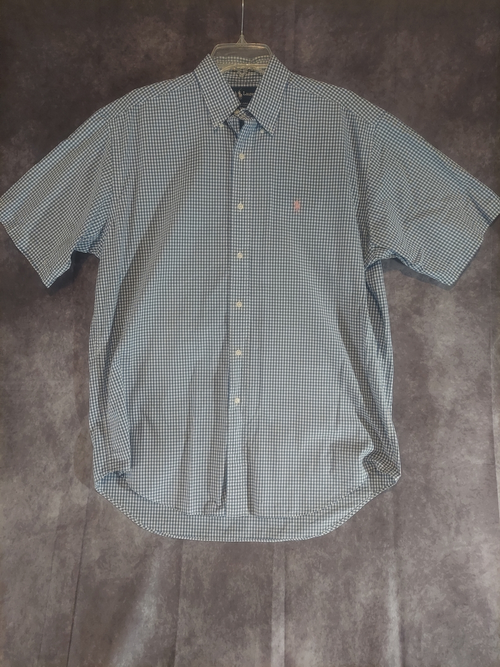 Ralph Lauren Blaire Men’s M Short Sleeve Button Up Blue White Gingham Pink Pony